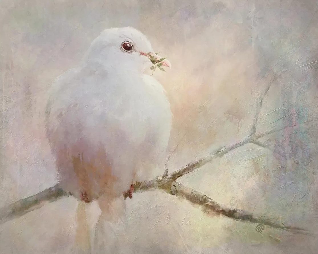 Soft pastel painting of a white dove on a bare branch, holding a small green sprig in its beak
