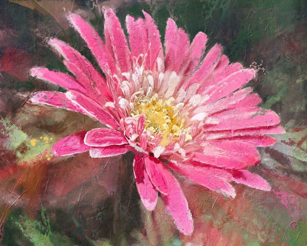 Textured digital painting of a pink gerbera daisy with a pale yellow center against deep green and rose tones