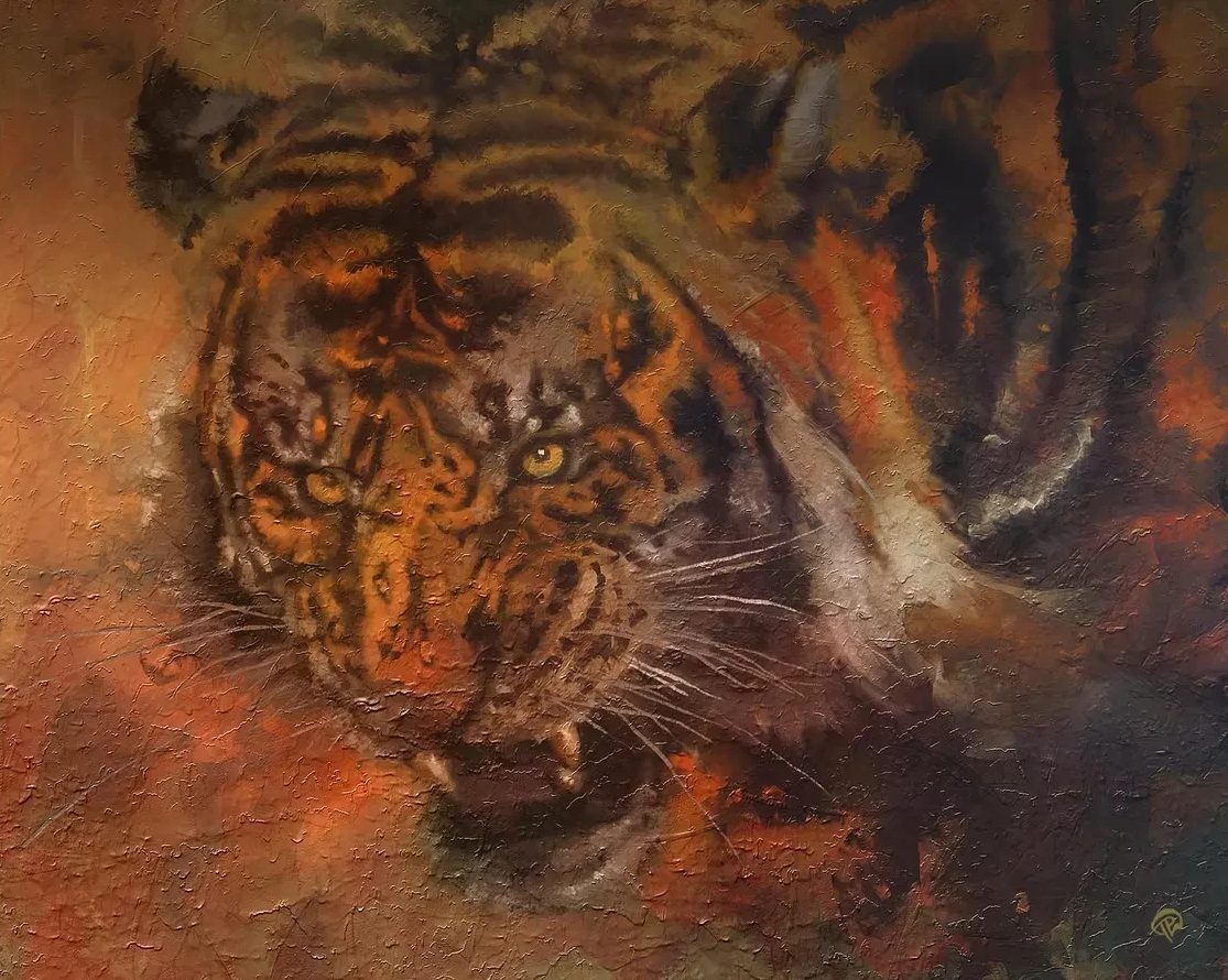Textured painting of a snarling tiger emerging from burnt orange and umber shadows